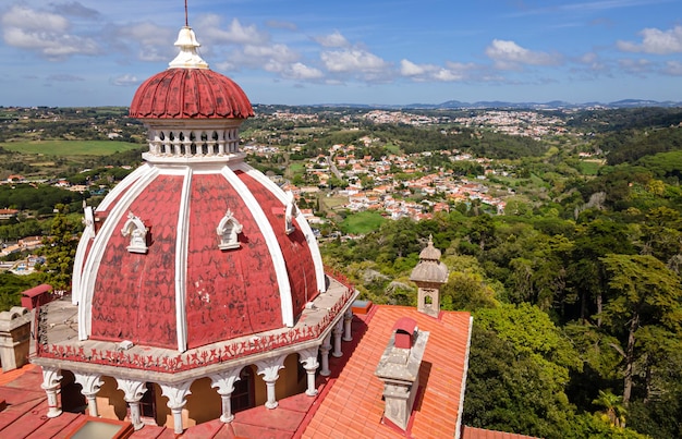 Sintra의 Monserrate 궁전 Sintra의 Monserrate 궁전 Portugaltra의 유명한 장소의 공중 드론 파노라마 Portugla의 유명한 장소의 공중 드론 파노라마