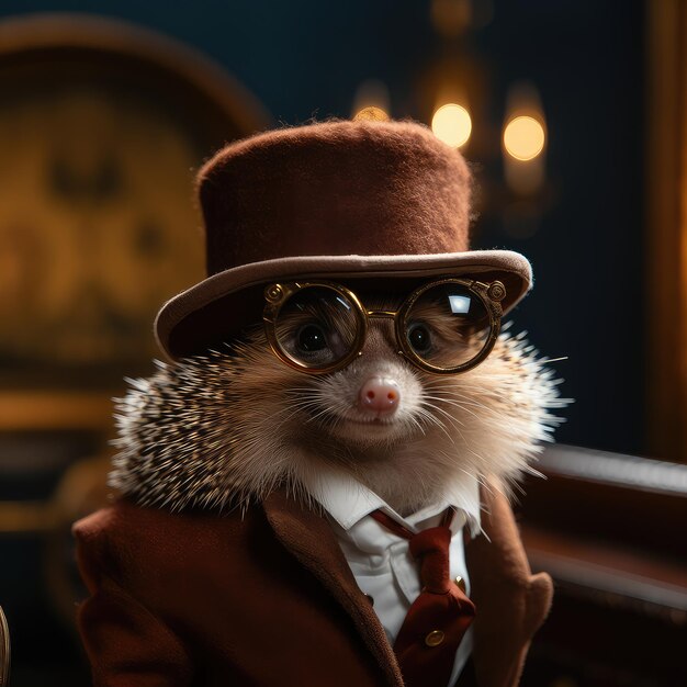 Foto monsieur hedgehog draagt een pak, een hoed en een bril. oudmodische steampunk stijl.