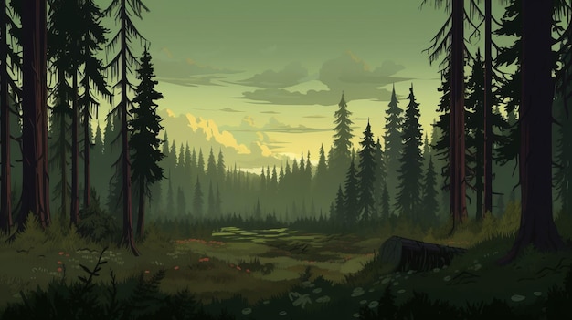 Monsoon Forest Firewatch Retro 8bit Иллюстрация богато окрашенного пейзажа неба