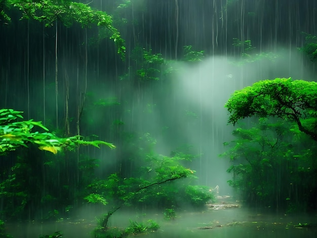 Monsoon rain forest with podium background