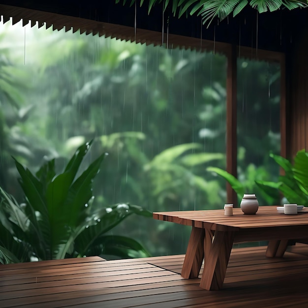 Monsoon regenwoud met houten schijf mockup ai gegenereerd