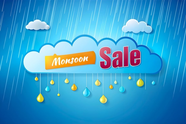 Photo monsoon sale banner flyer design with rain and clouds on blue background