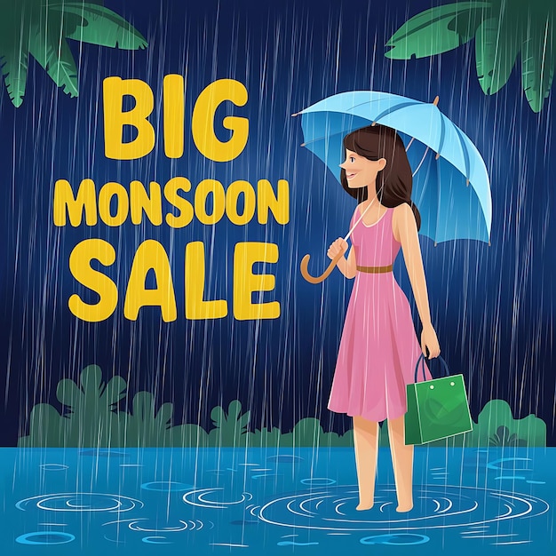 Фото Фон продажи сезона муссонов с дождем и зонтиком и моделью