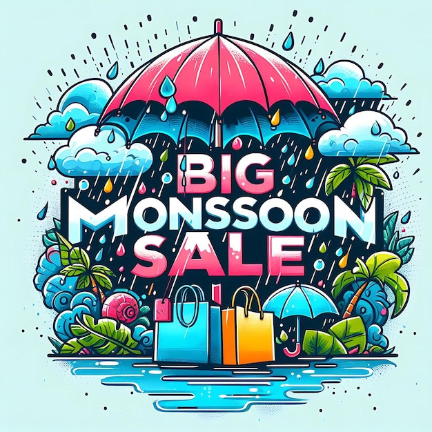 Photo monsoon season sale background with rain and umbrella and model