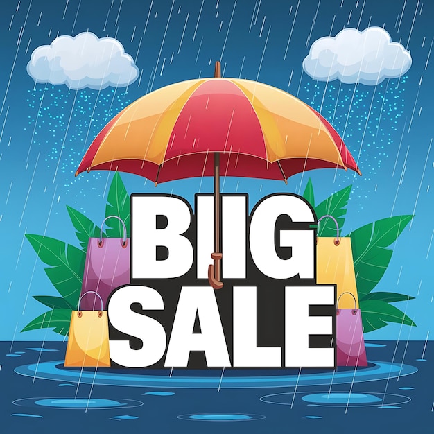 Photo monsoon season sale background with rain and umbrella and model