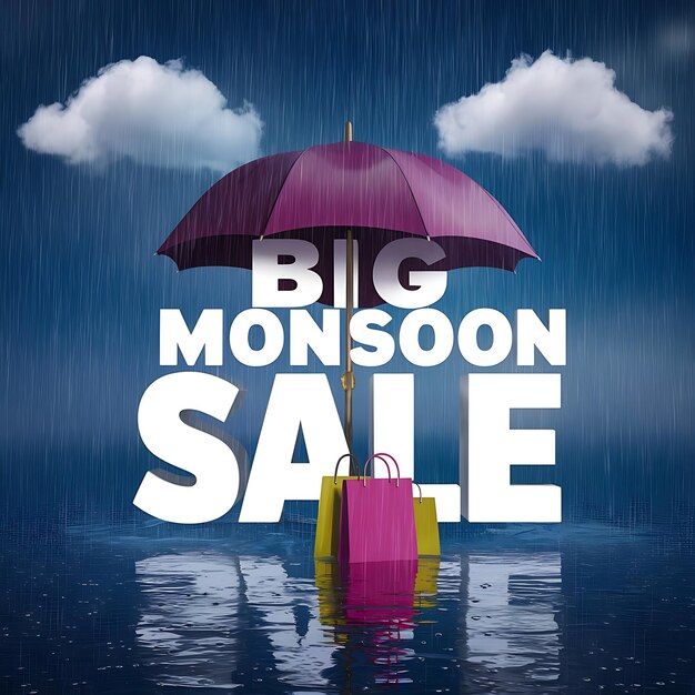 Photo monsoon season sale background with rain and umbrella and model