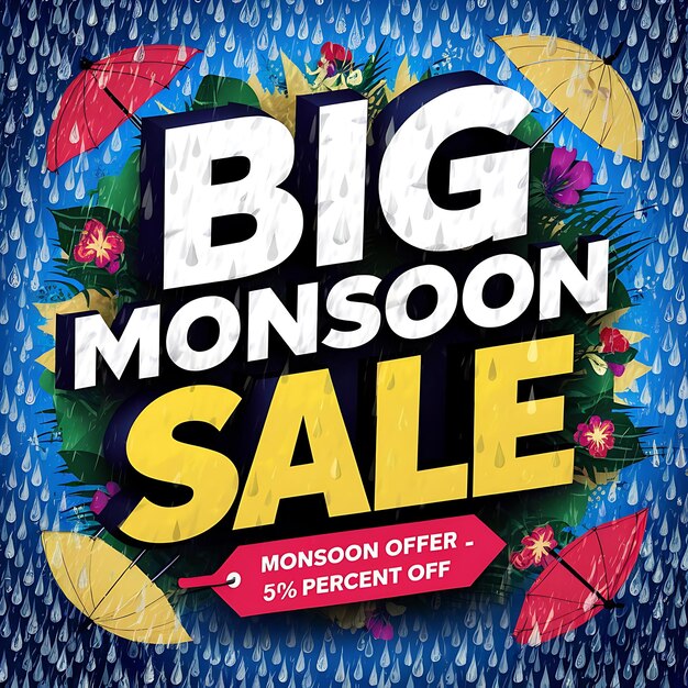 Monsoon season sale background with rain and umbrella and model