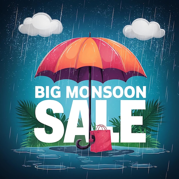 Photo monsoon season sale background with rain and umbrella and model