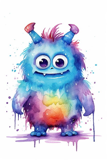 Monster beast watercolor clipart cute isolated on white background with Generative AI