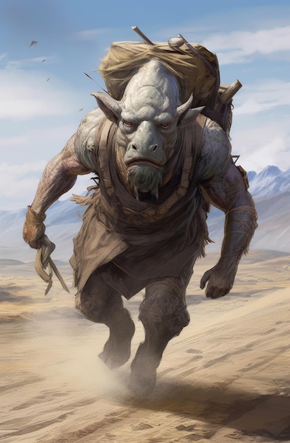 A monster carrying a bag of coal is walking through the desert.