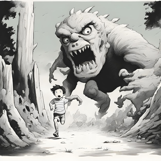 A monster chasing the boy concept art