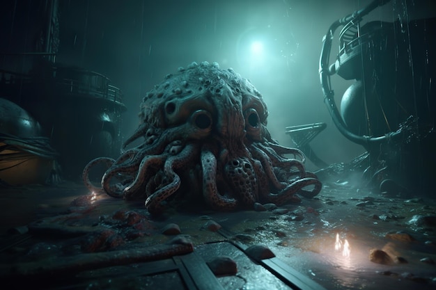 Monster Cthulhu attacked city and boats at seaport pier Apocalypse monster with tentacles fear horror