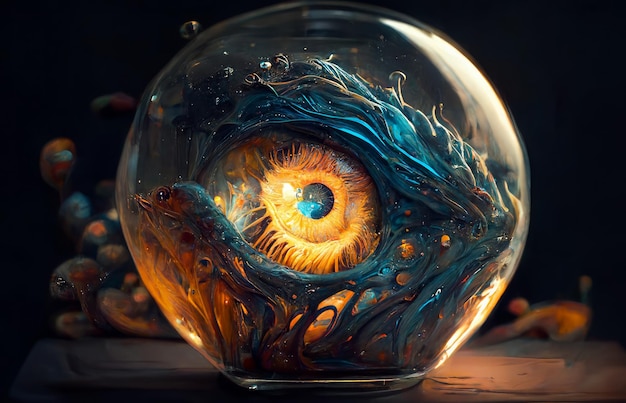 Чудовищный глаз в аквариуме на темном фоне Генеративный ИИ