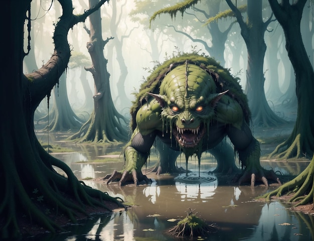 A monster in a forest with a forest background