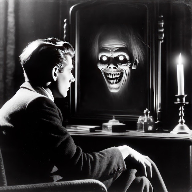 Photo a monster from a mirror looking at a man