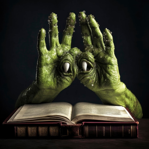 Monster hand on top of a book