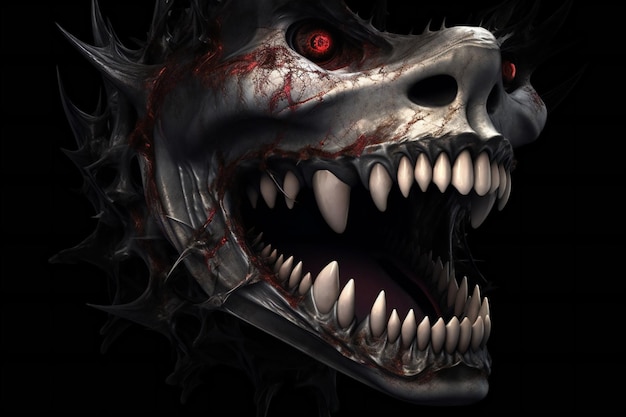 Голова монстра с острыми зубами на черном фоне