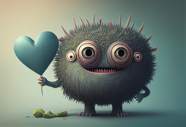 A monster holding a heart shaped balloon that says " love ".