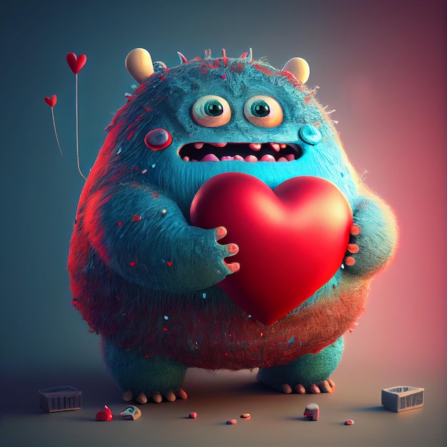 A monster holding a heart that says love on it