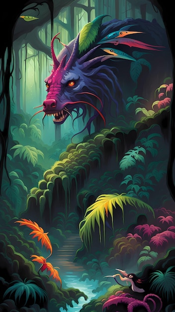 Monster in het jungle cartoon illustratie kunstwerk