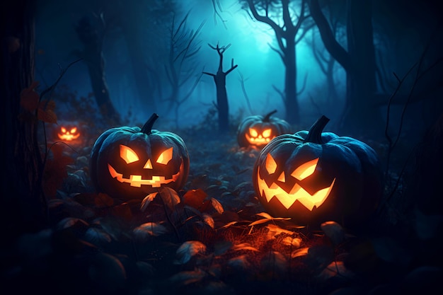 Monster pumpkins in night forest