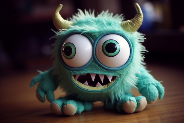 A monster stuffed animal with green eyes and green eyes sits on a wooden floor.