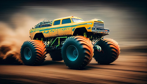 Monster truck covered in mud Racing event in mud Large tires on a pickup truck coming out of a hole