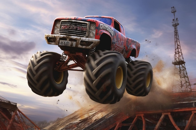 A monster truck is flying over a building with the words monster truck on it.