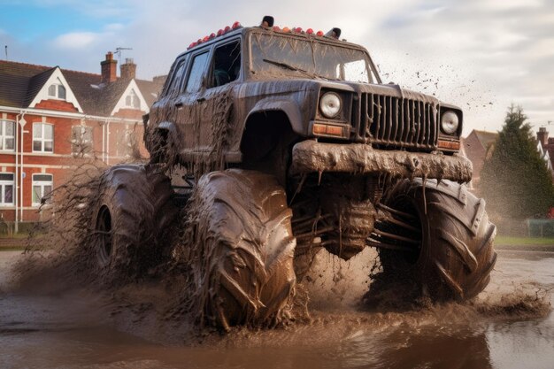 Monster truck splashing through a muddy puddle created with generative ai