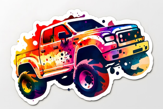 Monster truck sticker with multicolored paint splash Neural network generated art