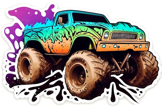 Monster truck sticker with multicolored paint splash Neural network generated art