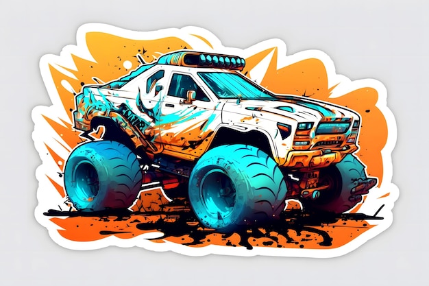 Monster truck sticker with multicolored paint splash Neural network generated art