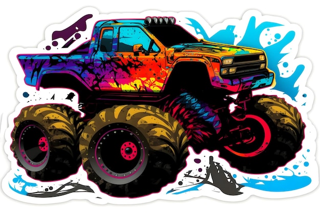 Monster truck sticker with multicolored paint splash Neural network generated art