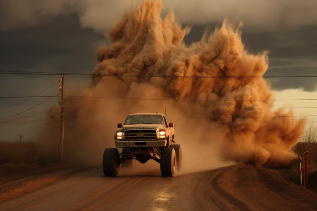 Foto monster truck uitvoert wheelie stof wolk achter gecreëerd met generatieve ai