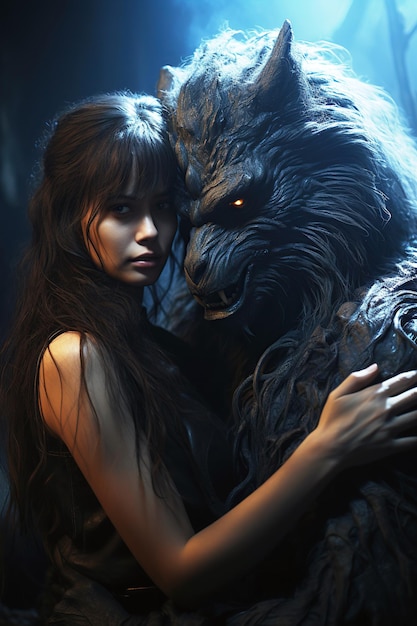 Foto monster weerwolf omhelst een meisje in het bos met mist de cover van het horror boek van een romantische roman