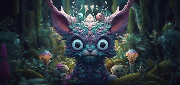 A monster with big blue eyes stands in a forest with plants and flowers.