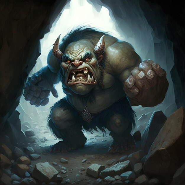 Photo a monster with a big head is running into a cave
