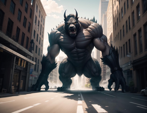 A monster with big horns stands in the middle of a city.