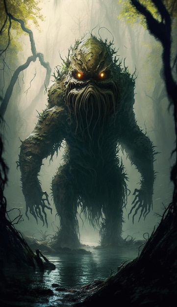 A monster with a bushy head and a tree in the background.