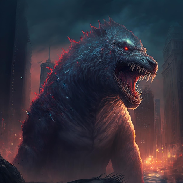 A monster with a city in the background