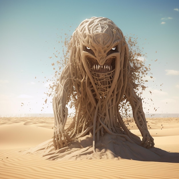Foto un mostro con una faccia di sabbia e uno sfondo di cielo
