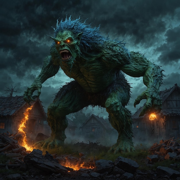 Photo a monster with a fire in his mouth is shown in front of a building with a house in the background