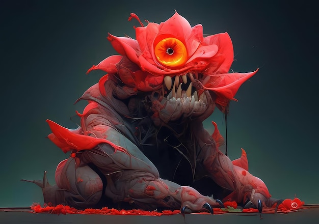 A monster with a flower like eye and a large orange eye.