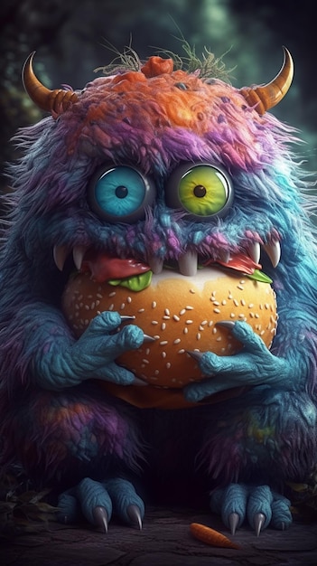 A monster with green eyes eats a burger.