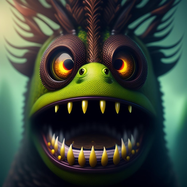 A monster with a green face and yellow eyes is shown with a green head and yellow teeth.