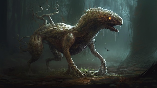 A monster with a green head and a red eye is walking in the forest.