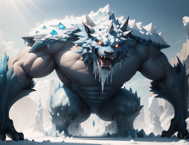 A monster with ice on his face stands in the snow.