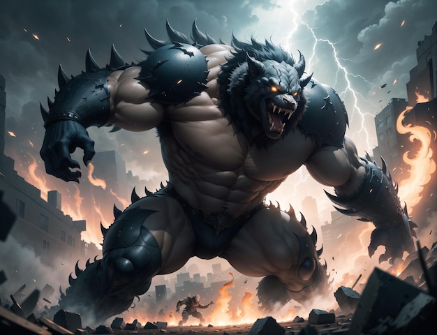 A monster with a lightning storm in the background