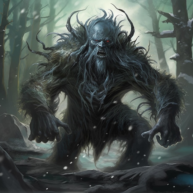 A monster with a long hair and a long beard stands in a forest.