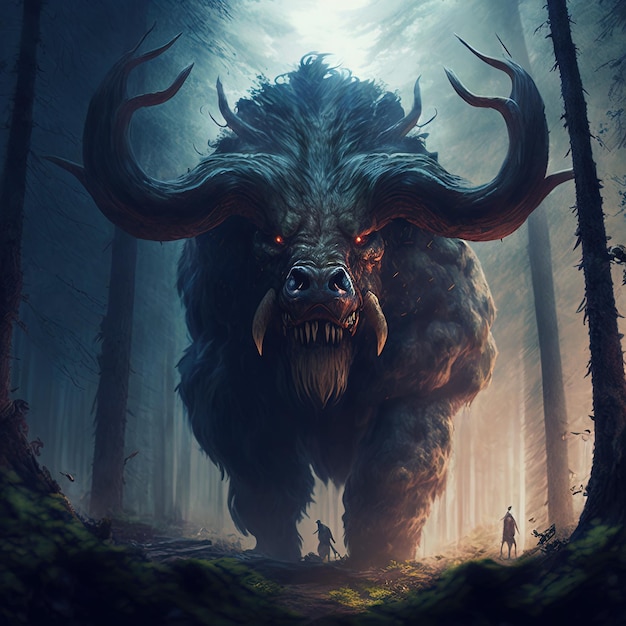 a monster with a man walking in the woods